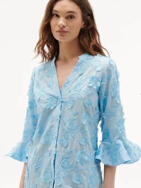 FIGUE Arielle Light Blue Floral Appliqué Embroidered Dressy Blouse Size 8